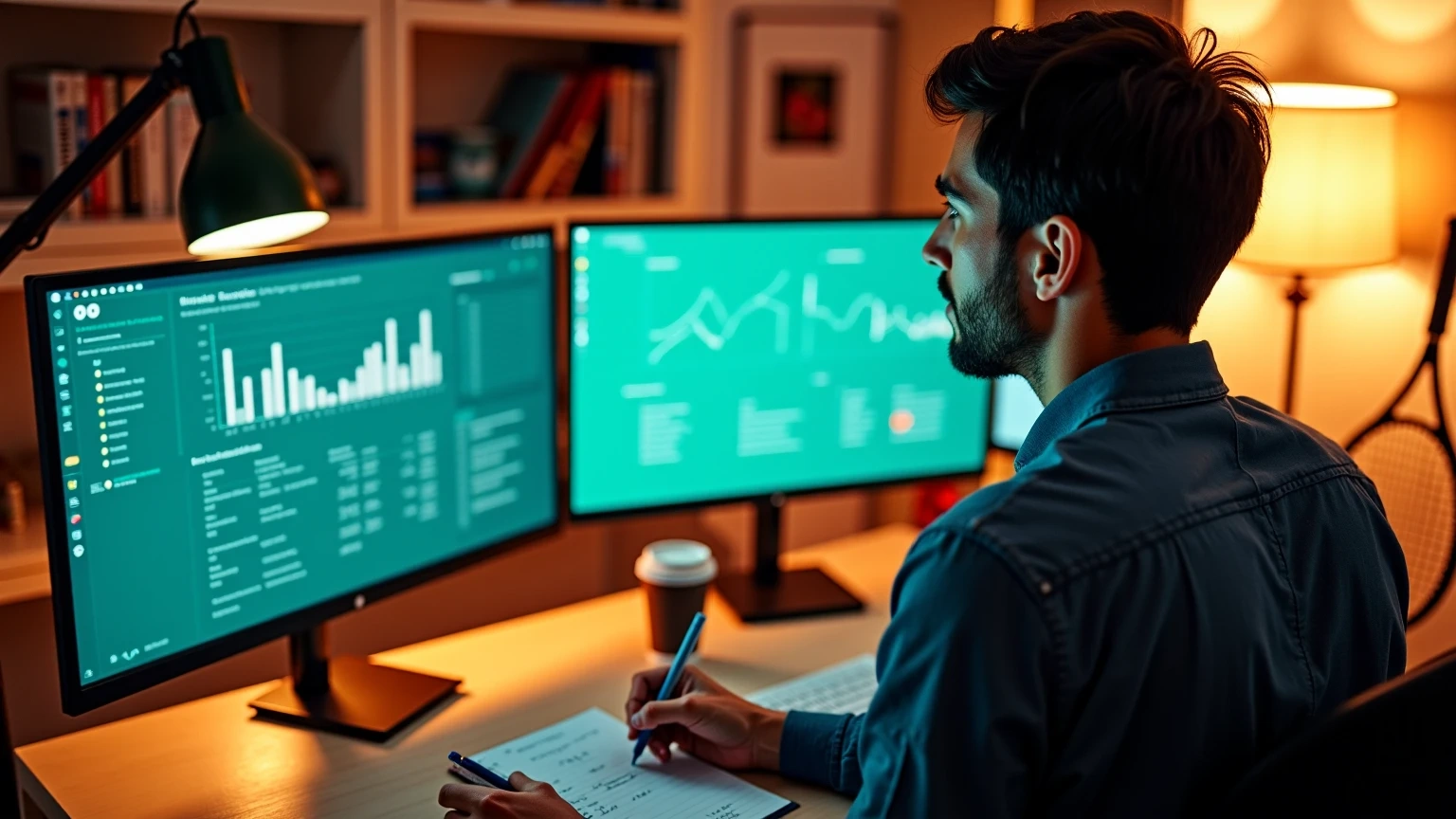 Analytik studující tenisové statistiky na monitorech v moderní domácí kanceláři s poznámkovým blokem