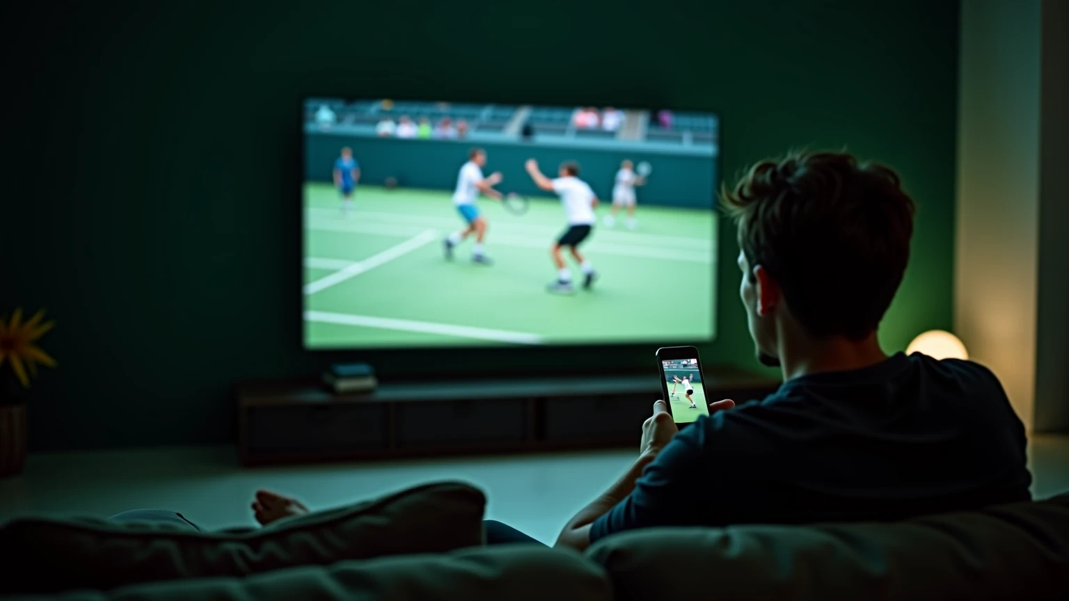 Nadšený divák sledující živý tenisový zápas na velké televizi v moderním obývacím pokoji se smartphonem v ruce