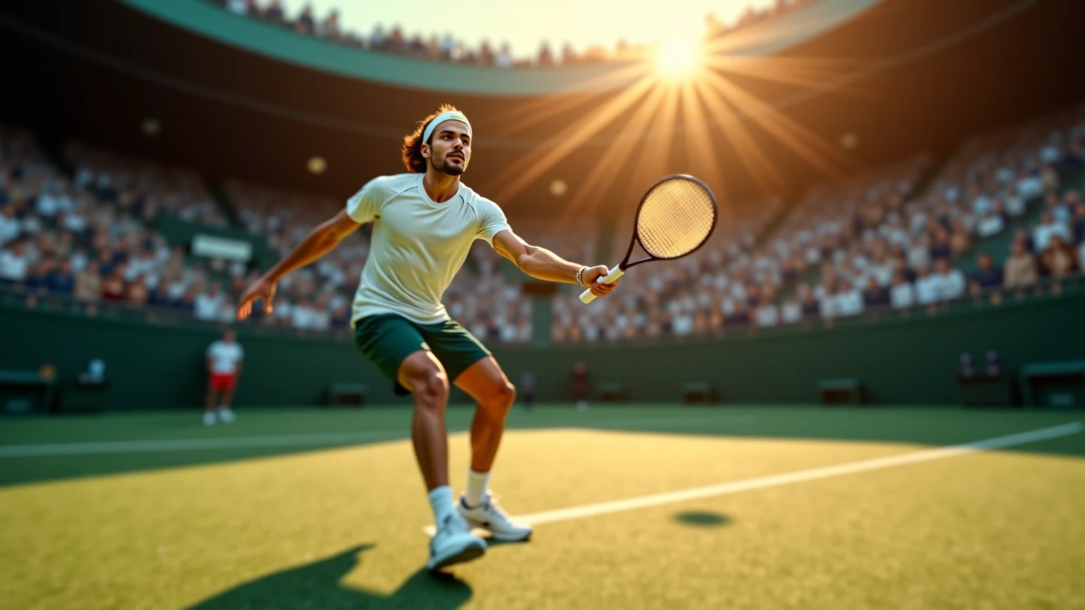 Profesionální tenista v akci při podání na zeleném kurtu za zlatého slunce - úvodní obrázek průvodce sázením na tenis 2025